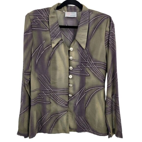70s Blouse Artsy Disco See Through Abstract Metallic Dagger Button Sage Purple M - Picture 1 of 12